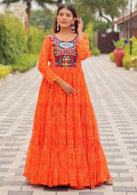 Orange Embroidery Georgette Gown