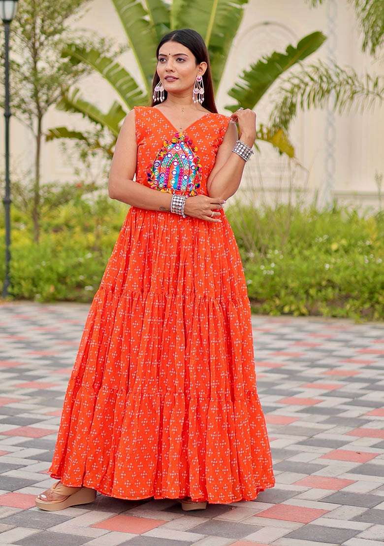 Orange Bandhani Georgette Gown - Indya