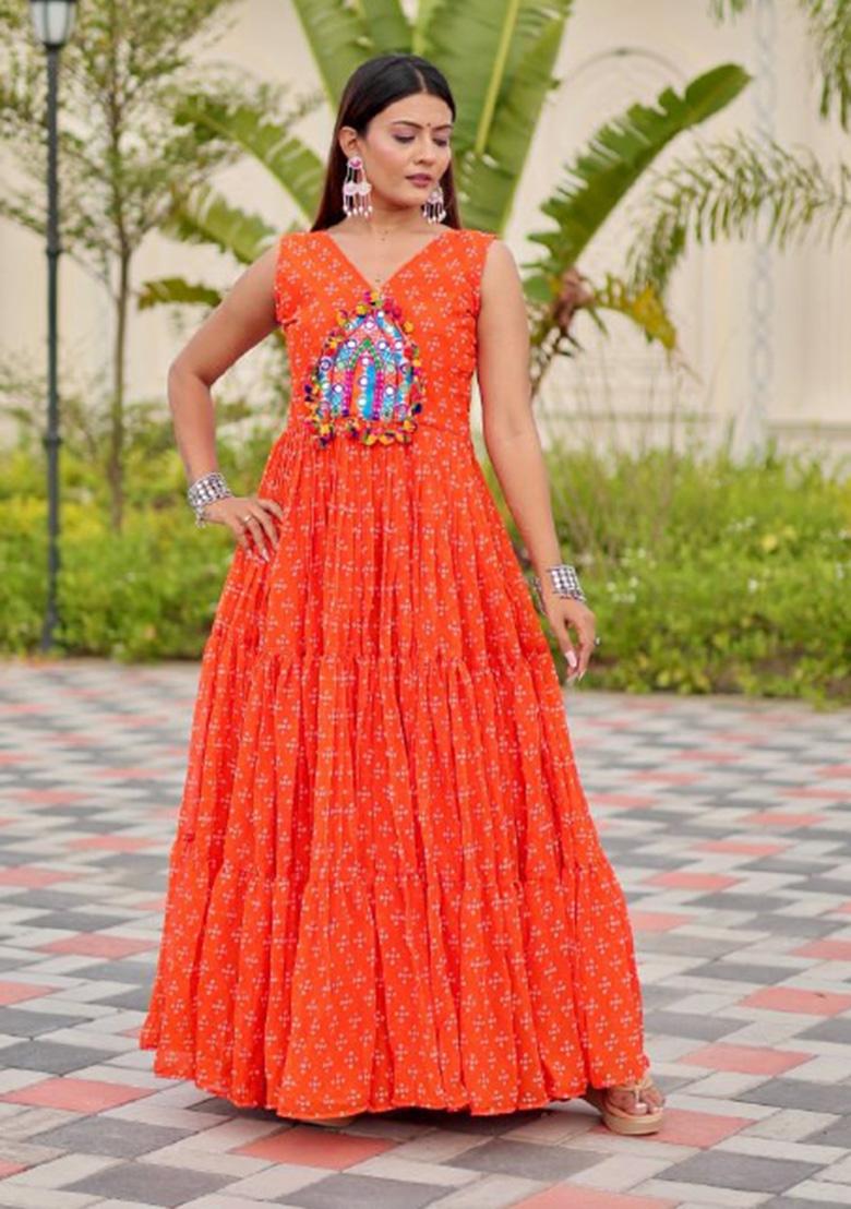 Orange Embroidery Georgette Gown - Indya