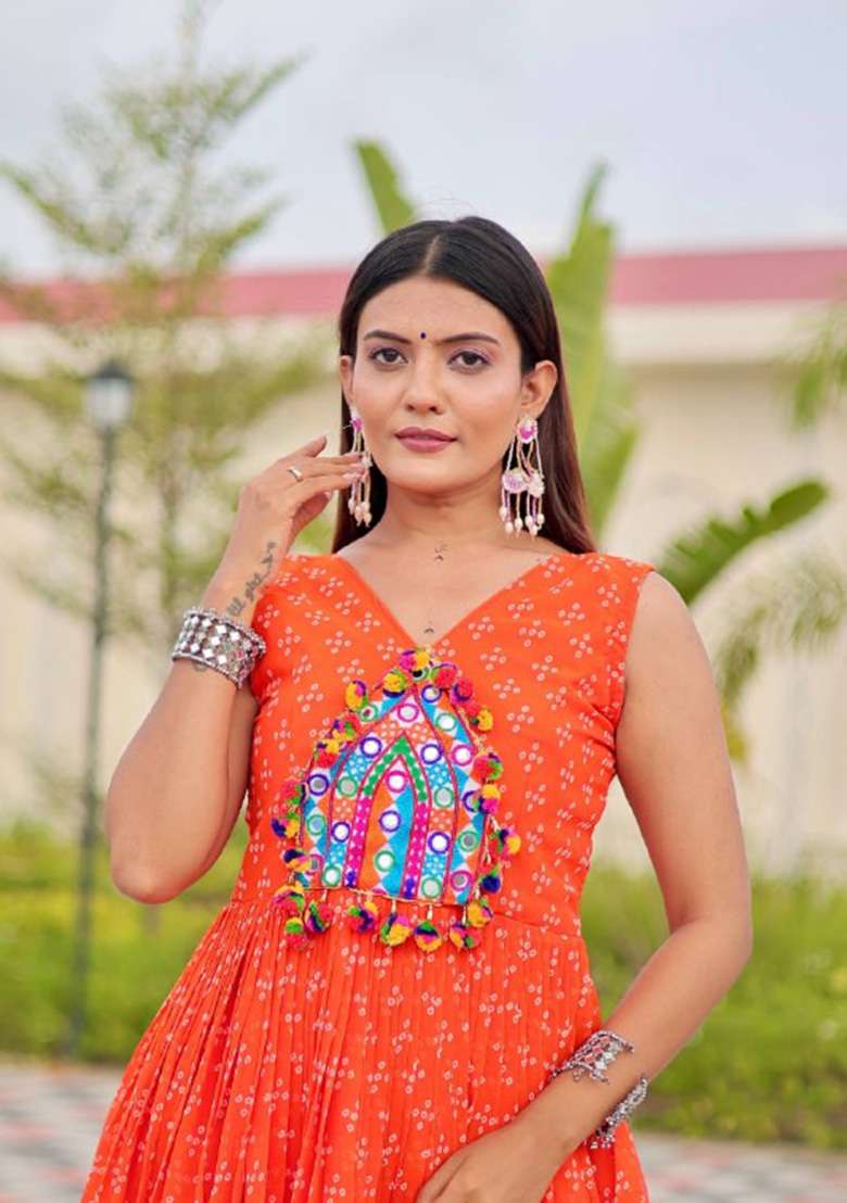 Orange Bandhani Georgette Gown - Indya