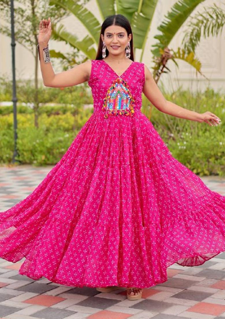 Pink Embroidery Georgette Gown - Indya