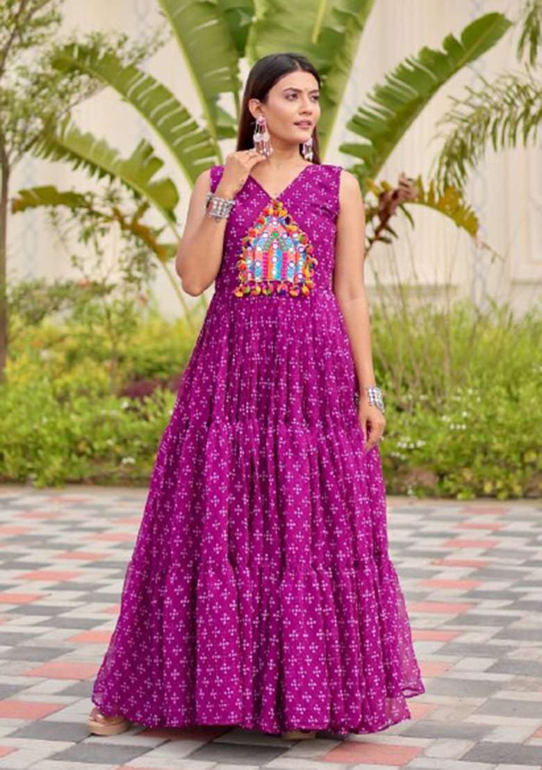 Purple Printed Georgette Anarkali - Indya