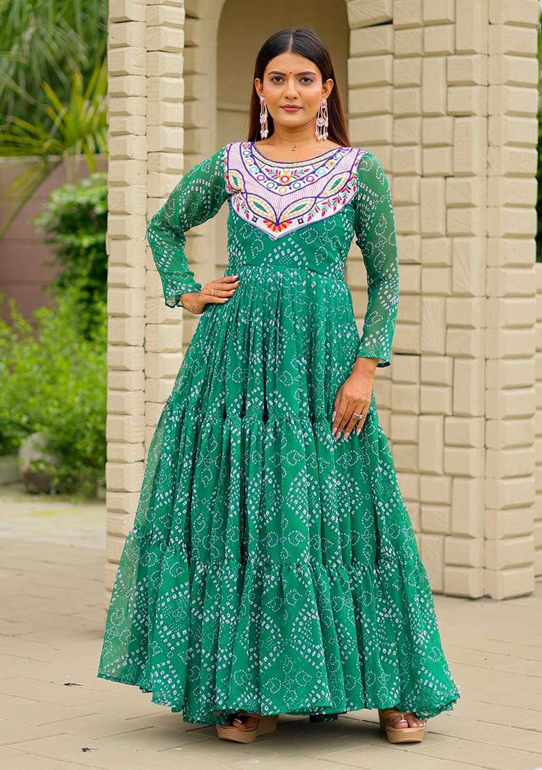 Green Bandhani Georgette Anarkali - Indya