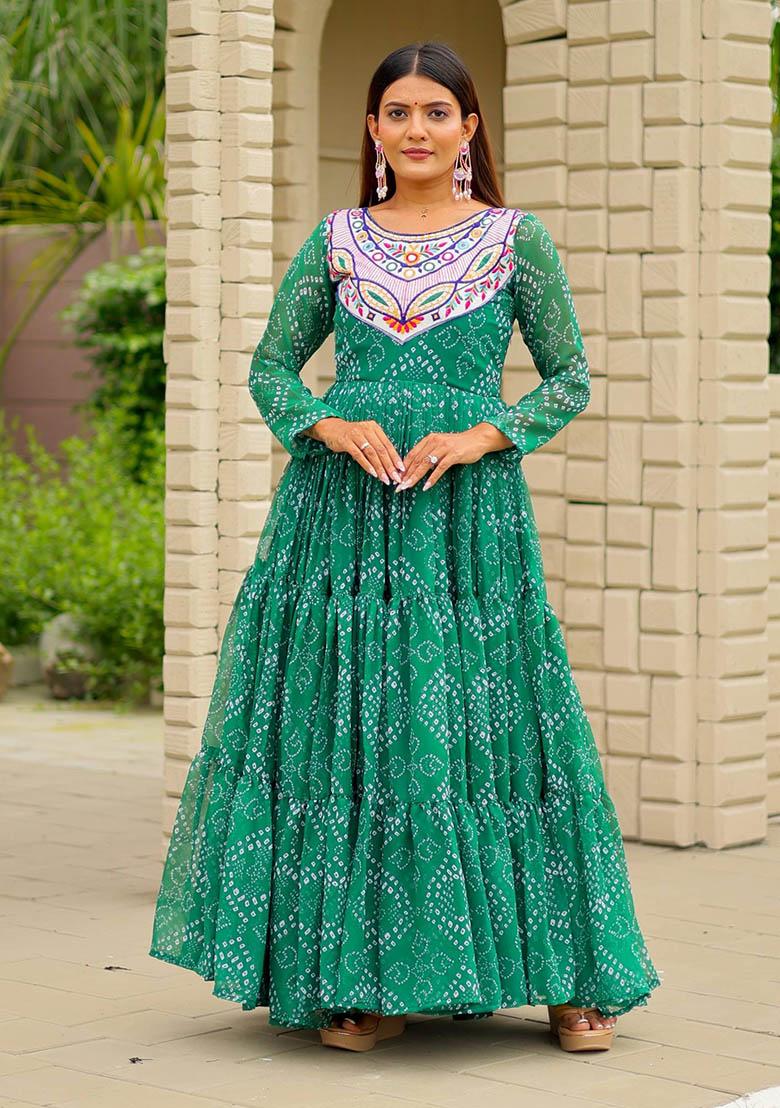 Green Embroidery Georgette Gown - Indya