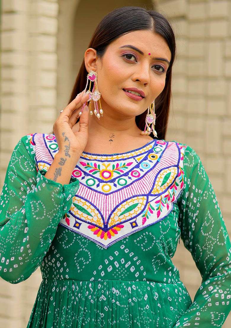 Green Bandhani Georgette Anarkali - Indya