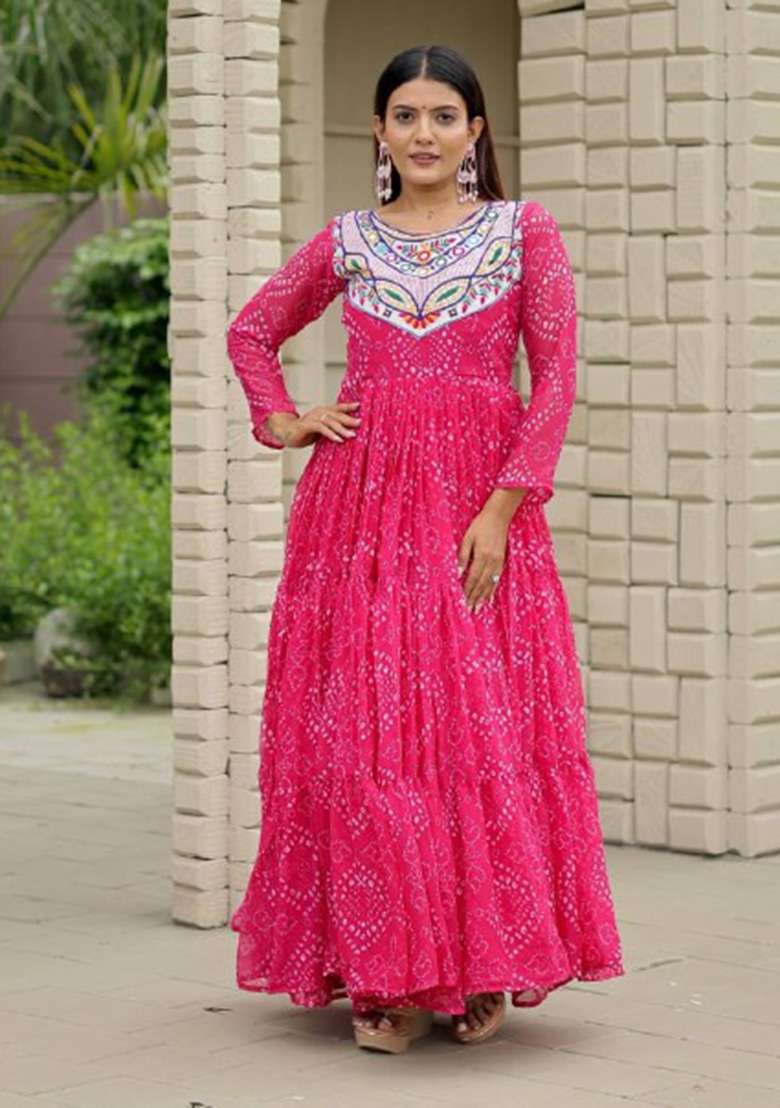Pink Bandhani Georgette Anarkali - Indya