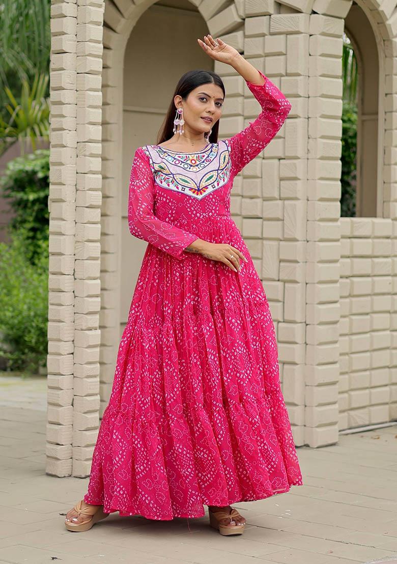 Pink Embroidery Georgette Gown - Indya
