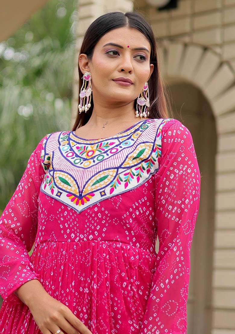 Pink Bandhani Georgette Anarkali - Indya