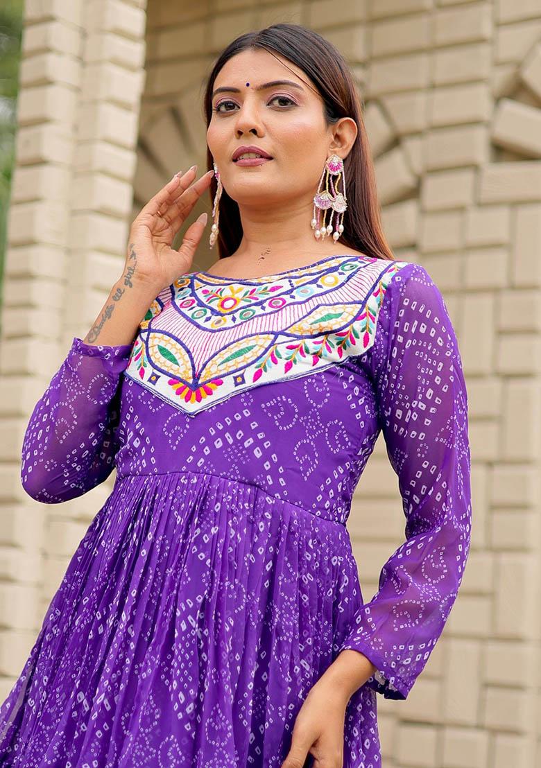 Purple Embroidery Georgette Gown - Indya