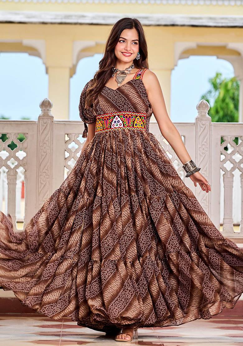 Brown Gamthi Work Georgette Gown - Indya