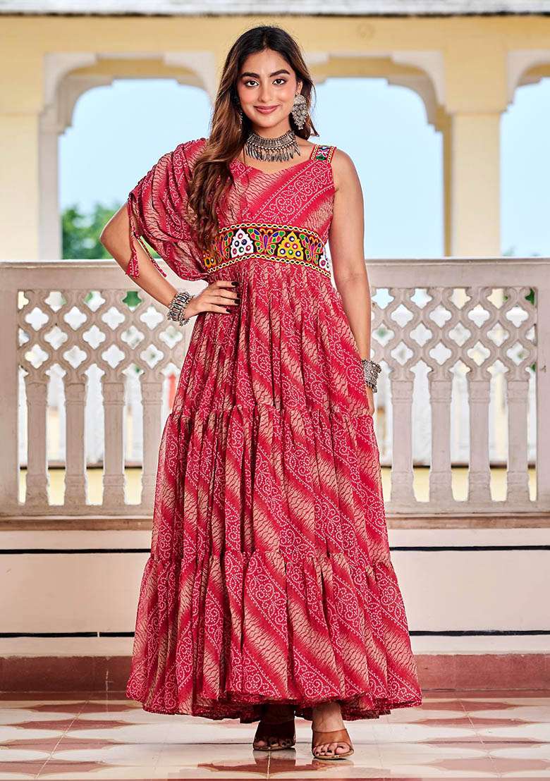 Pink Bandhani Georgette Anarkali - Indya