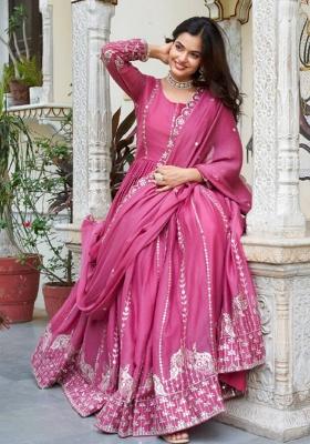 Pink Embroidery Georgette Gown With Dupatta