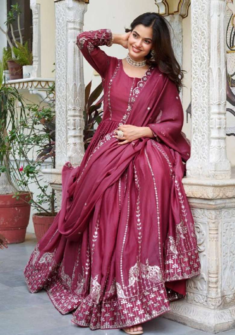 Pink Embroidered Georgette Anarkali Set - Indya