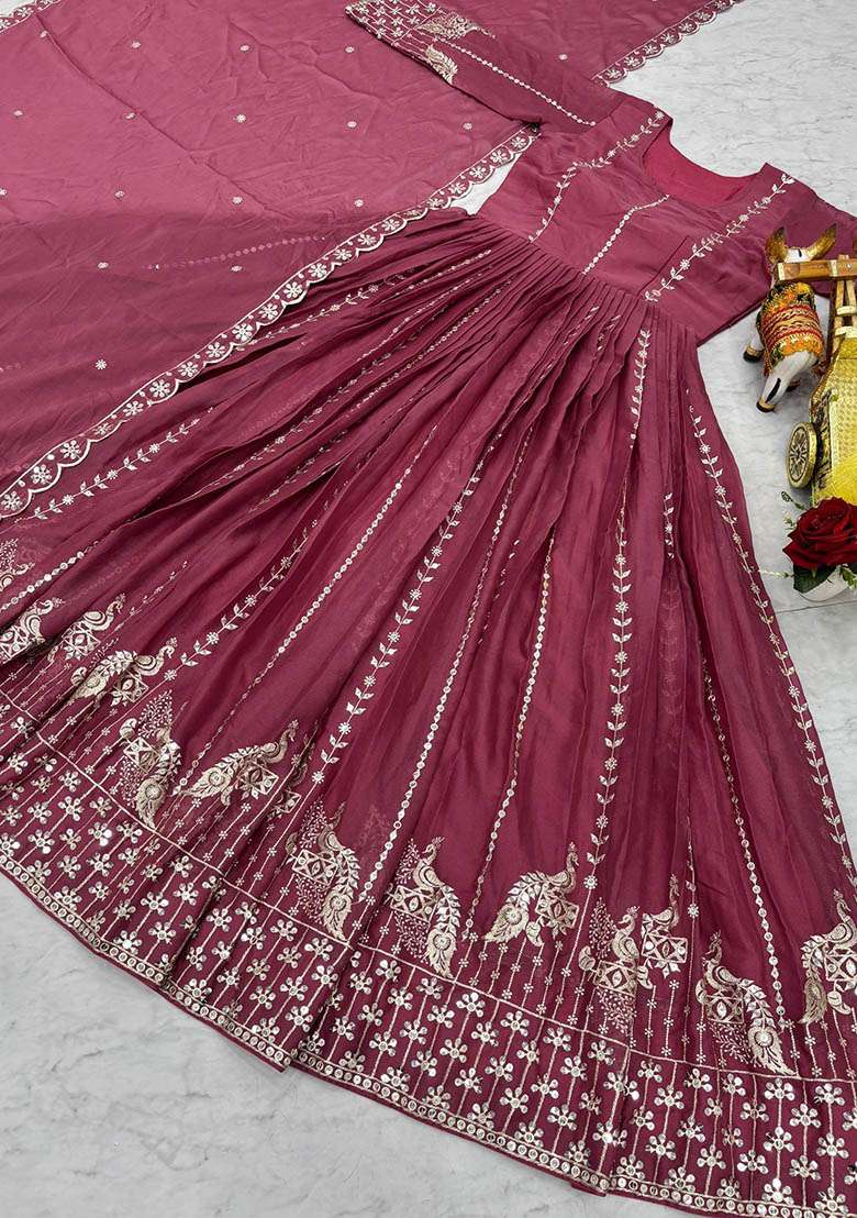 Pink Embroidered Georgette Anarkali Set - Indya