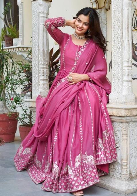 Pink Embroidery Georgette Gown With Dupatta