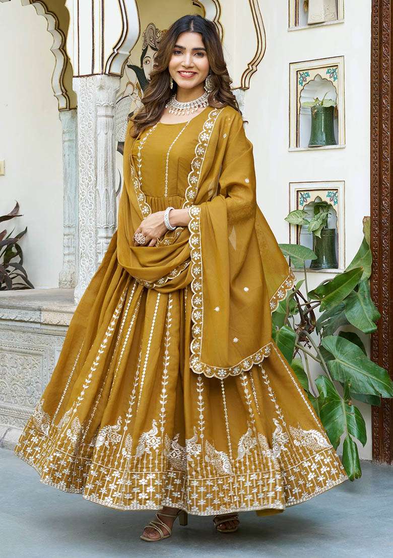 Yellow Embroidered Georgette Anarkali Set - Indya