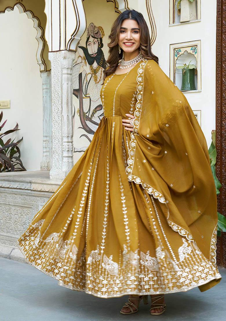 Yellow Embroidery Georgette Gown With Dupatta - Indya