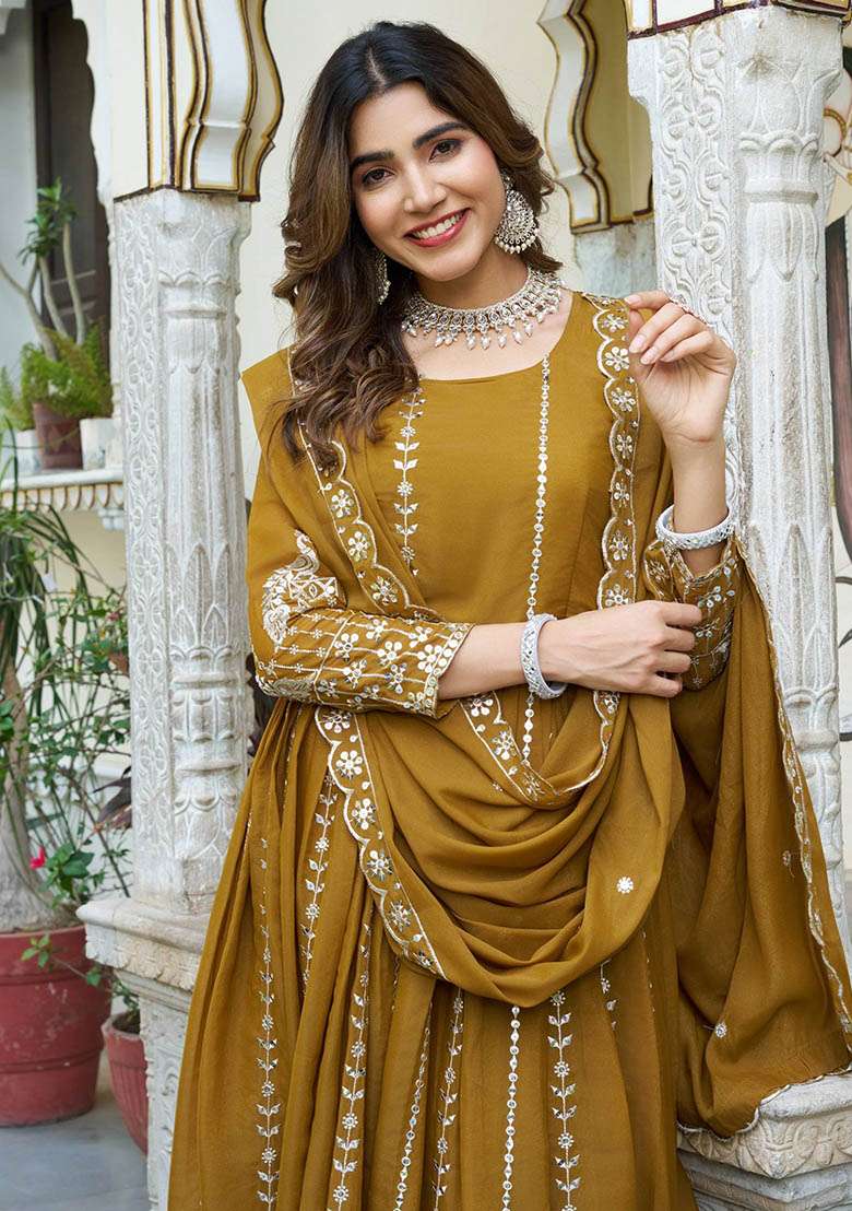 Yellow Embroidered Georgette Anarkali Set - Indya