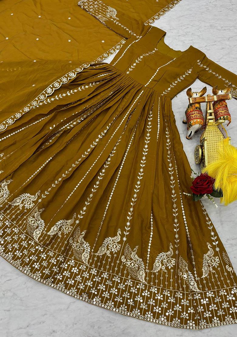 Yellow Embroidery Georgette Gown With Dupatta - Indya