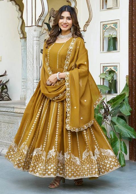 Yellow Embroidery Georgette Gown With Dupatta