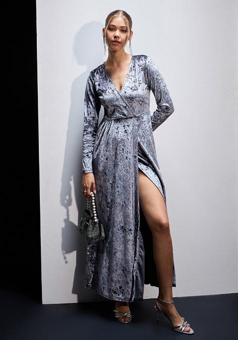 Grey Solid Velvet Dress