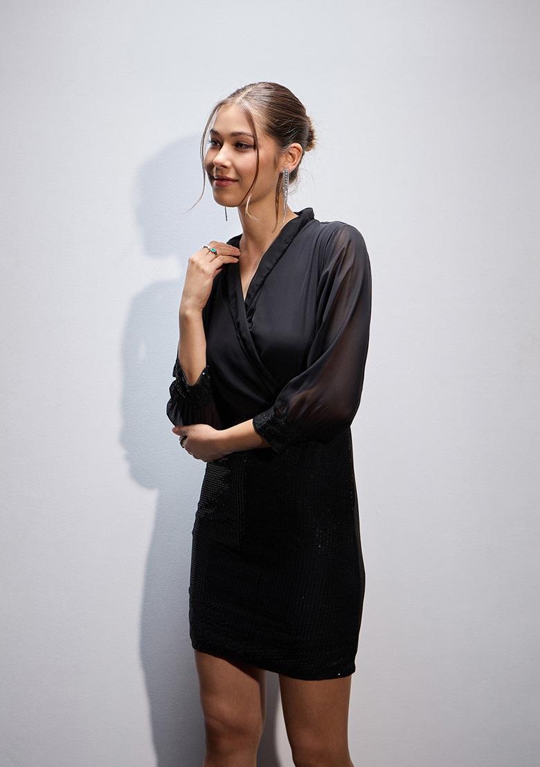 Black Embroidery Terry Dress - Indya