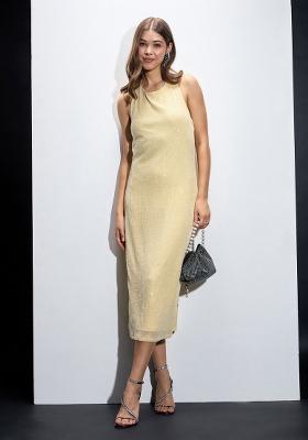 Yellow Solid Velvet Dress