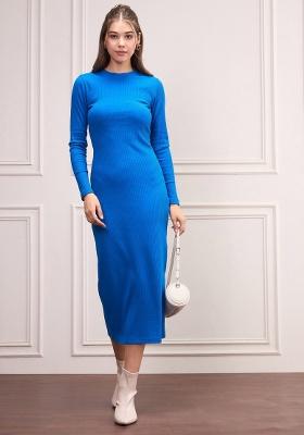 Blue Solid Rib Dress