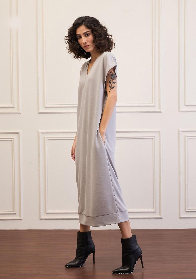 Grey Solid Rib Dress - Indya