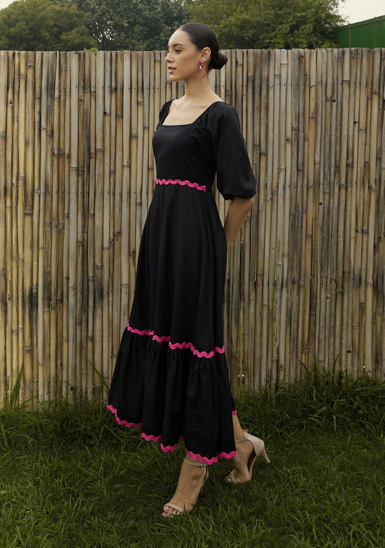 Black Solid Cotton Dress - Indya