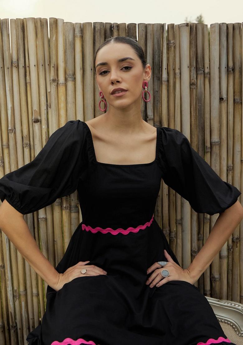 Black Solid Cotton Dress - Indya