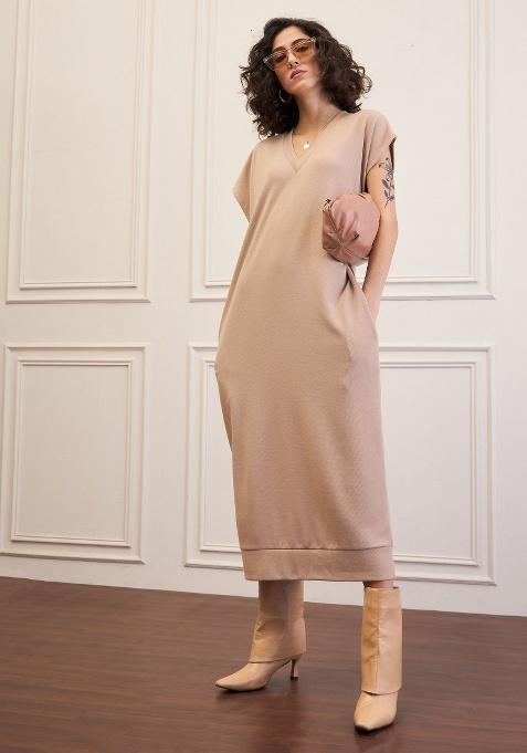 Beige Solid Rib Dress