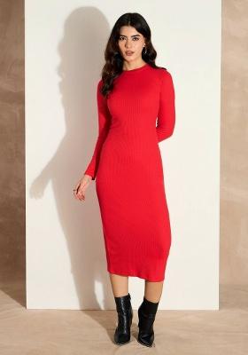 Red Solid Rib Dress