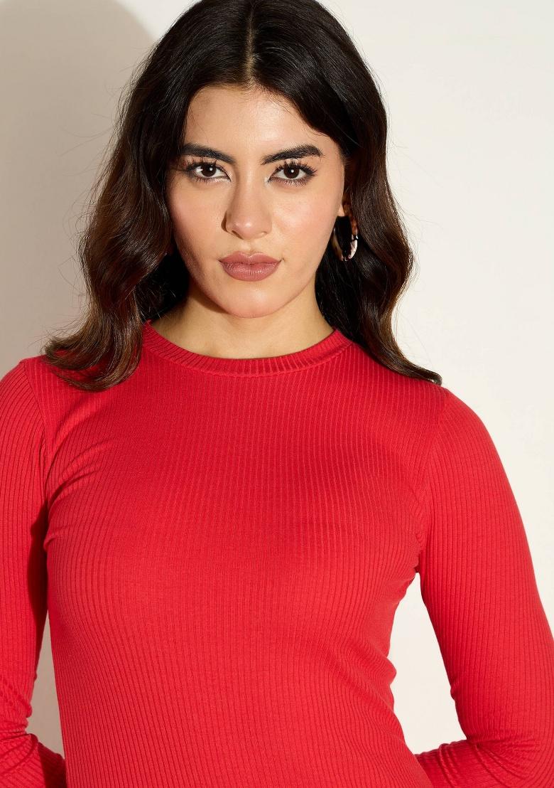 Red Solid Rib Dress - Indya