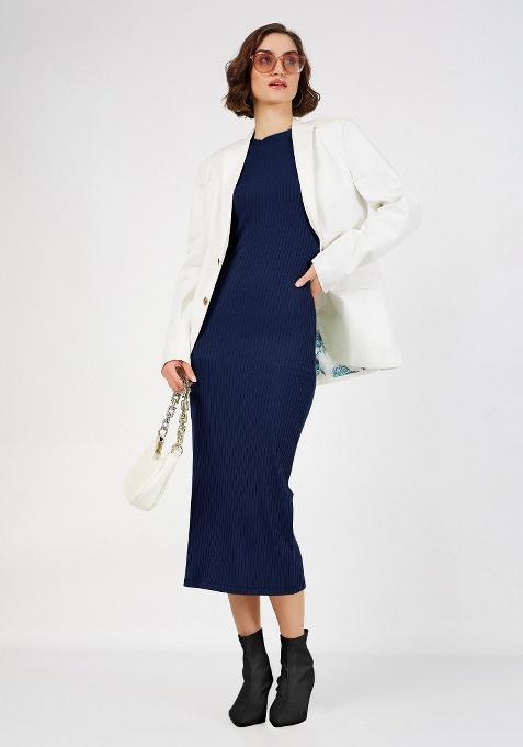 Navy Blue Solid Rib Dress