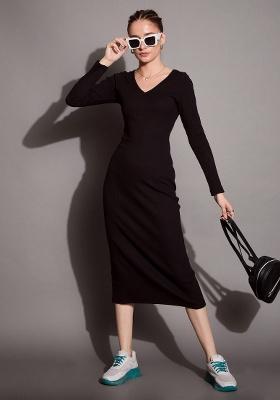 Black Self Design Rib Dress