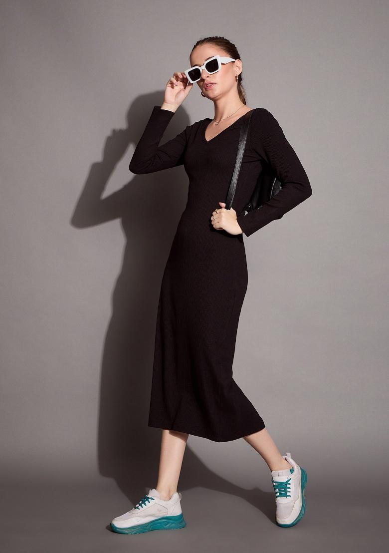 Black Self Design Rib Dress - Indya