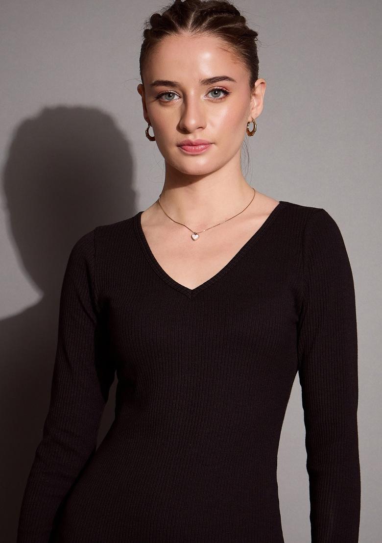 Black Self Design Rib Dress - Indya