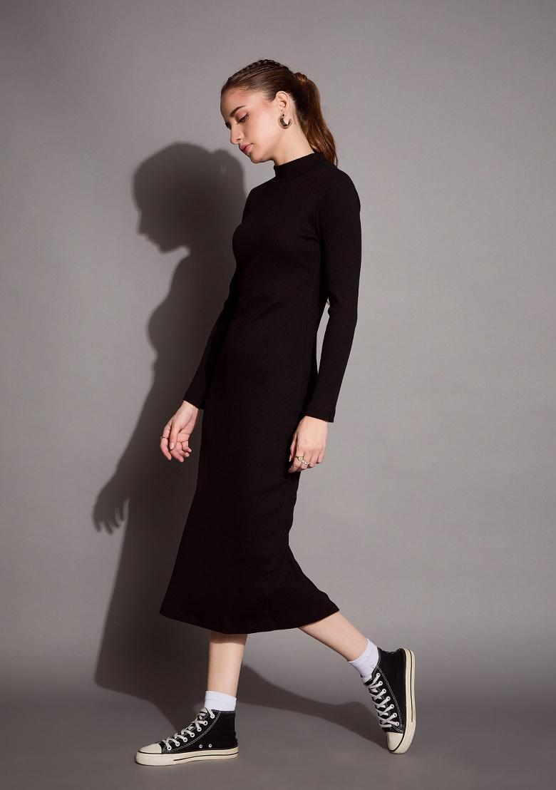 Black Self Design Rib Dress - Indya