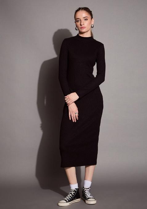 Black Self Design Rib Dress