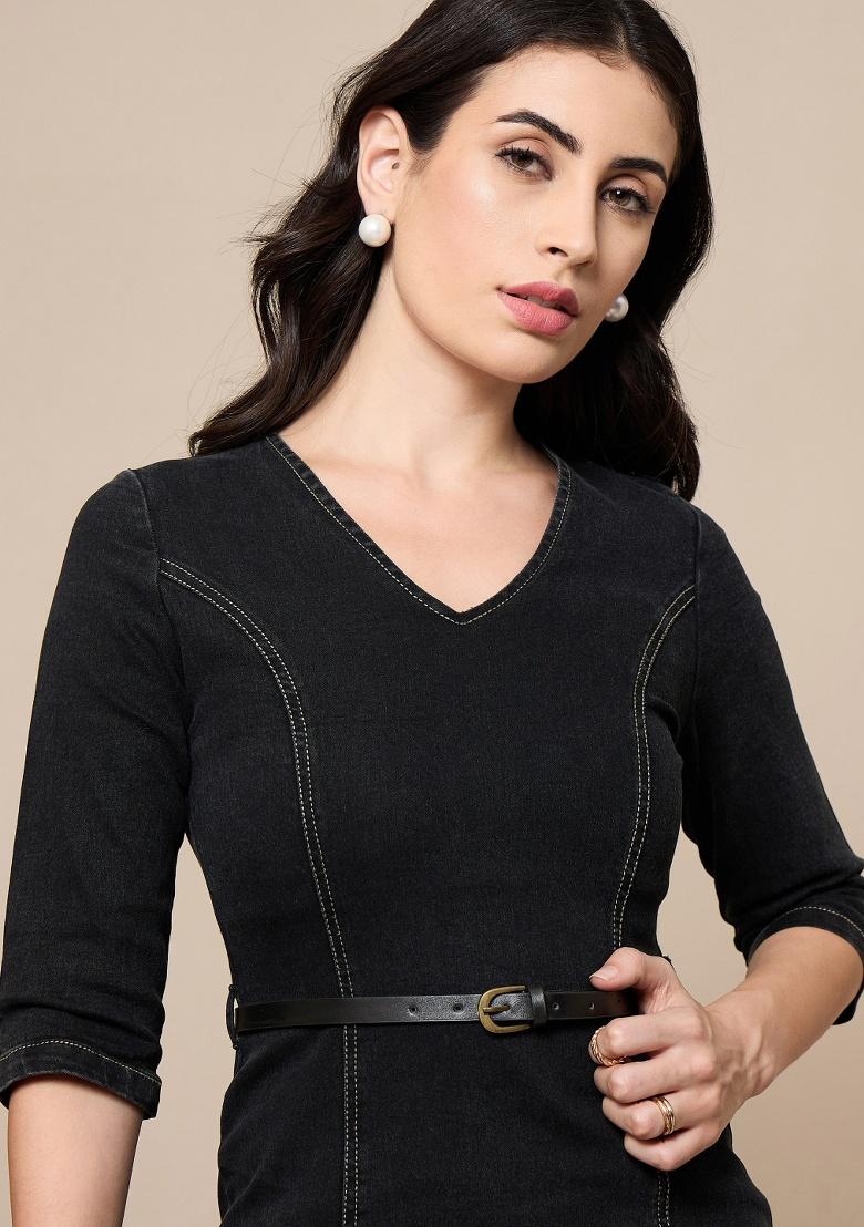 Black Solid Cotton Dress - Indya