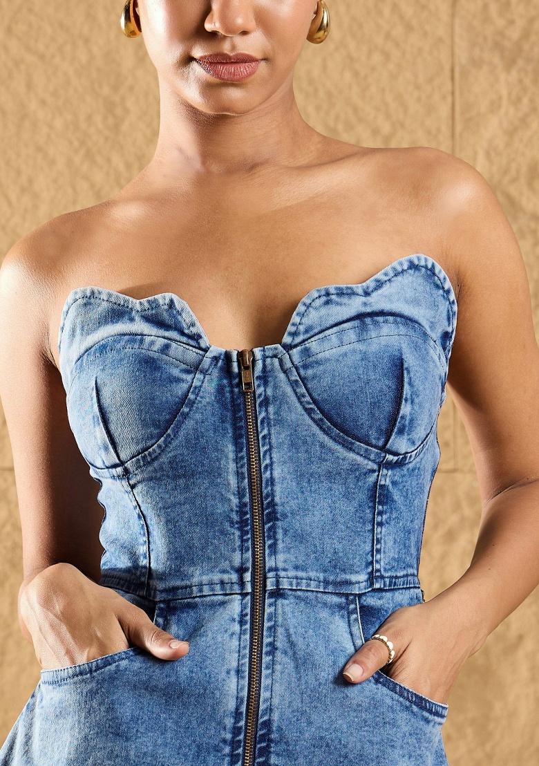 Blue Solid Cotton Dress - Indya