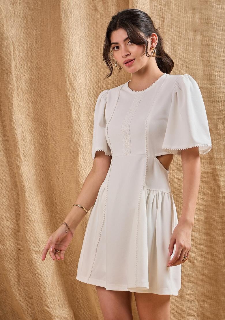 White Solid Cotton Dress - Indya