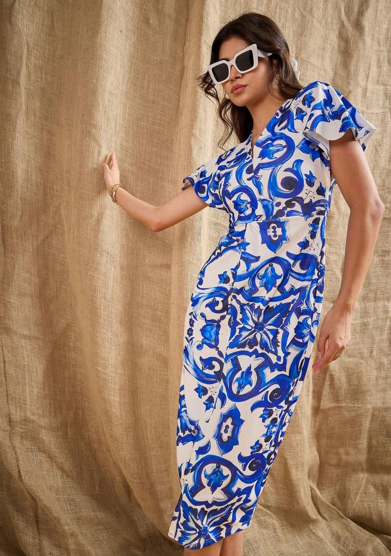 Blue Printed Cotton Dress - Indya