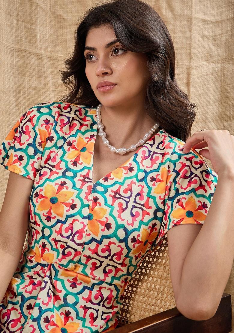 Yellow Printed Cotton Dress - Indya