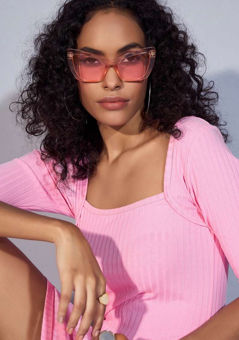 Pink Solid Rib Dress - Indya