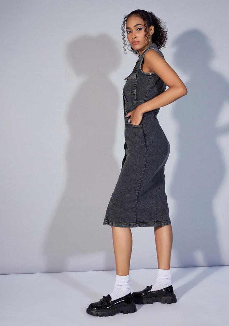 Black Solid Rib Dress - Indya