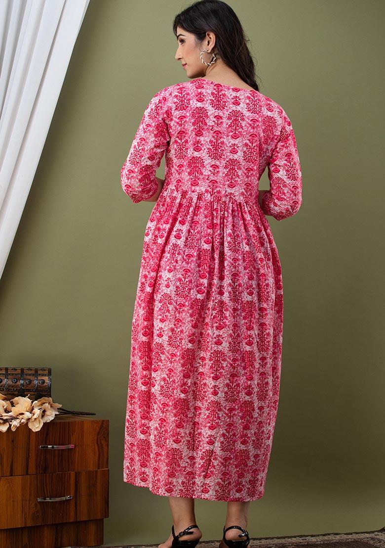 Pink Printed Cotton Dress - Indya