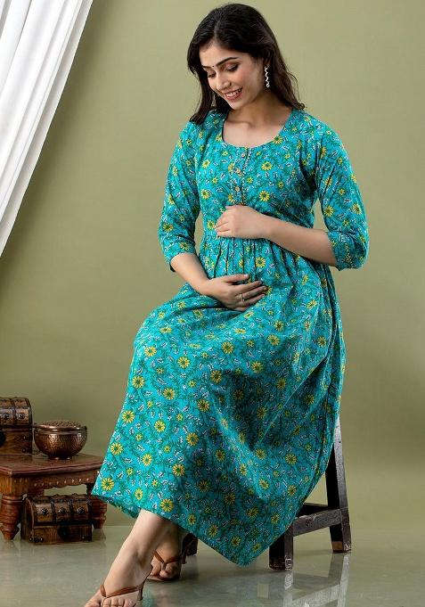 Turquoise Blue Printed Cotton Dress