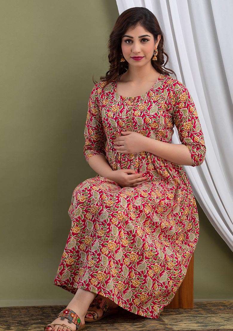 Red Printed Cotton Kurta - Indya